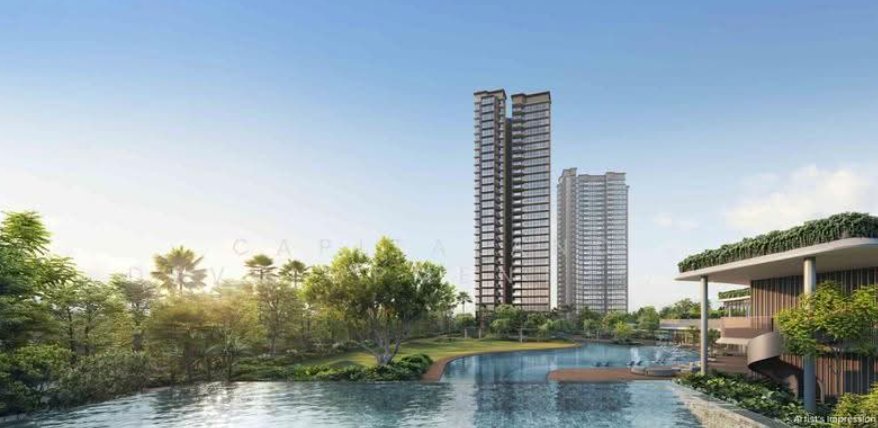 Lap pool and landscaped gardens with the residential towers behind