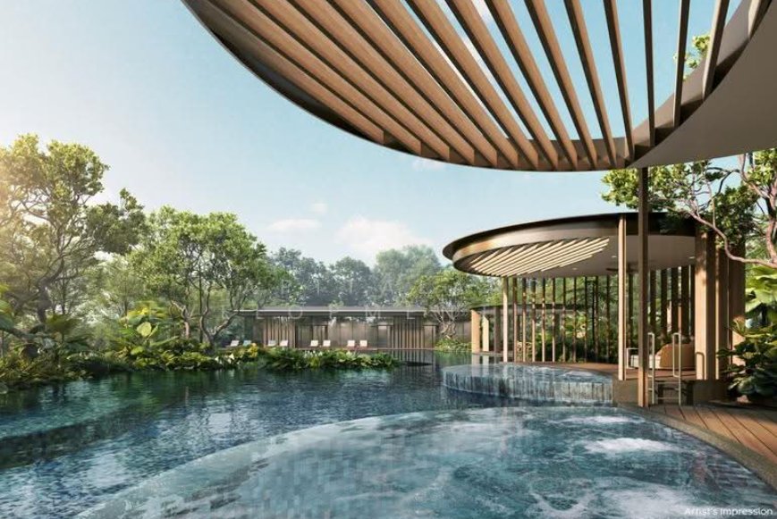 Pool with a curved timber pavilion surrounded by tropical planting